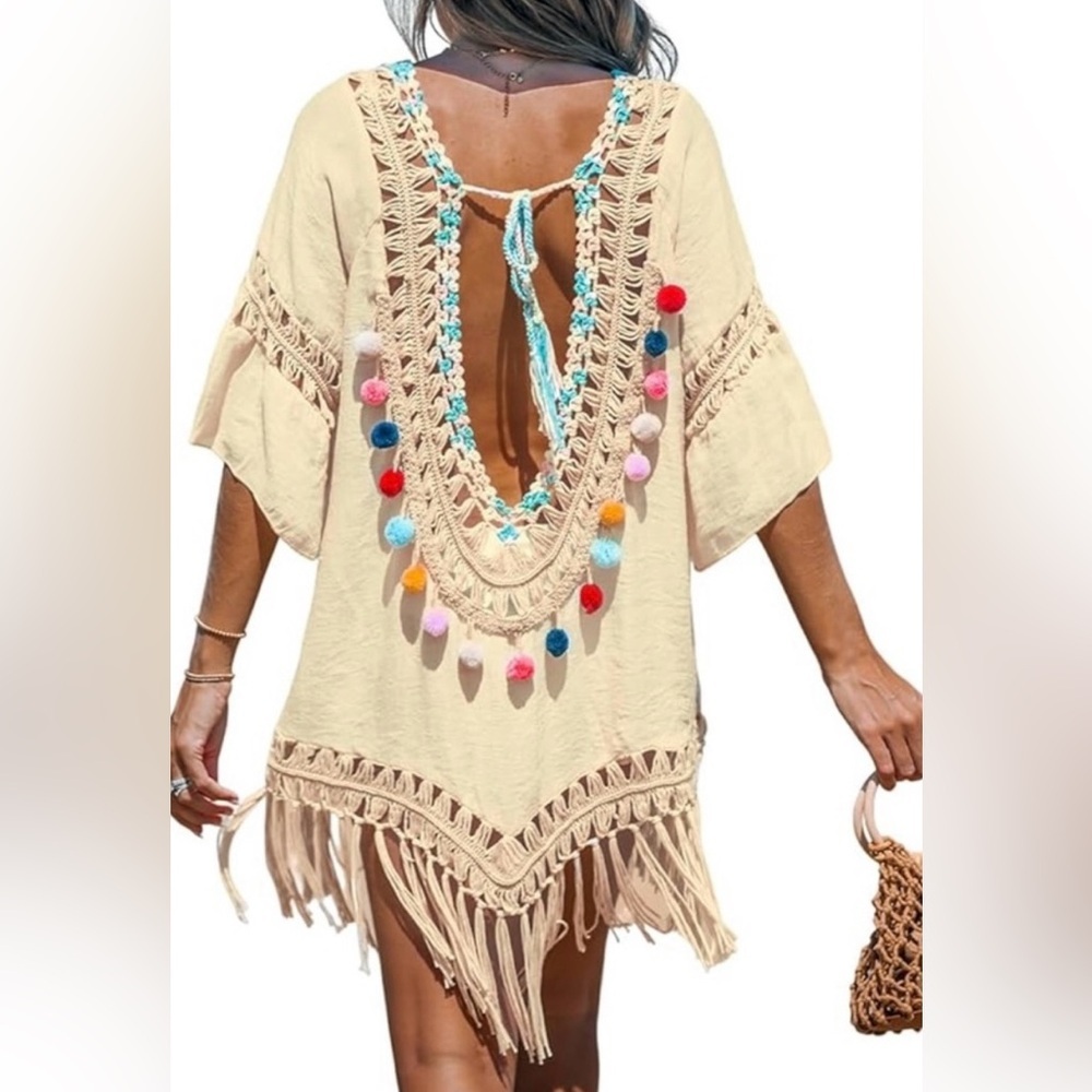 NEW! Cupshe Crochet Rainbow Pom Pom Beige Boho Beach Cover Up Medium - Picture 3 of 10